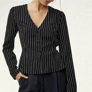 Aritzia Wilfred Size 6 Sabina Pinstripe Peplum Blouse Preppy Office Elegant